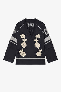 Ganni black v-neck long sleeve jersey crochet flower | Pipe and Row