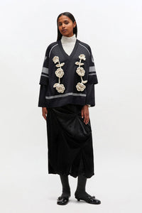 Ganni black v-neck long sleeve jersey crochet flower | Pipe and Row