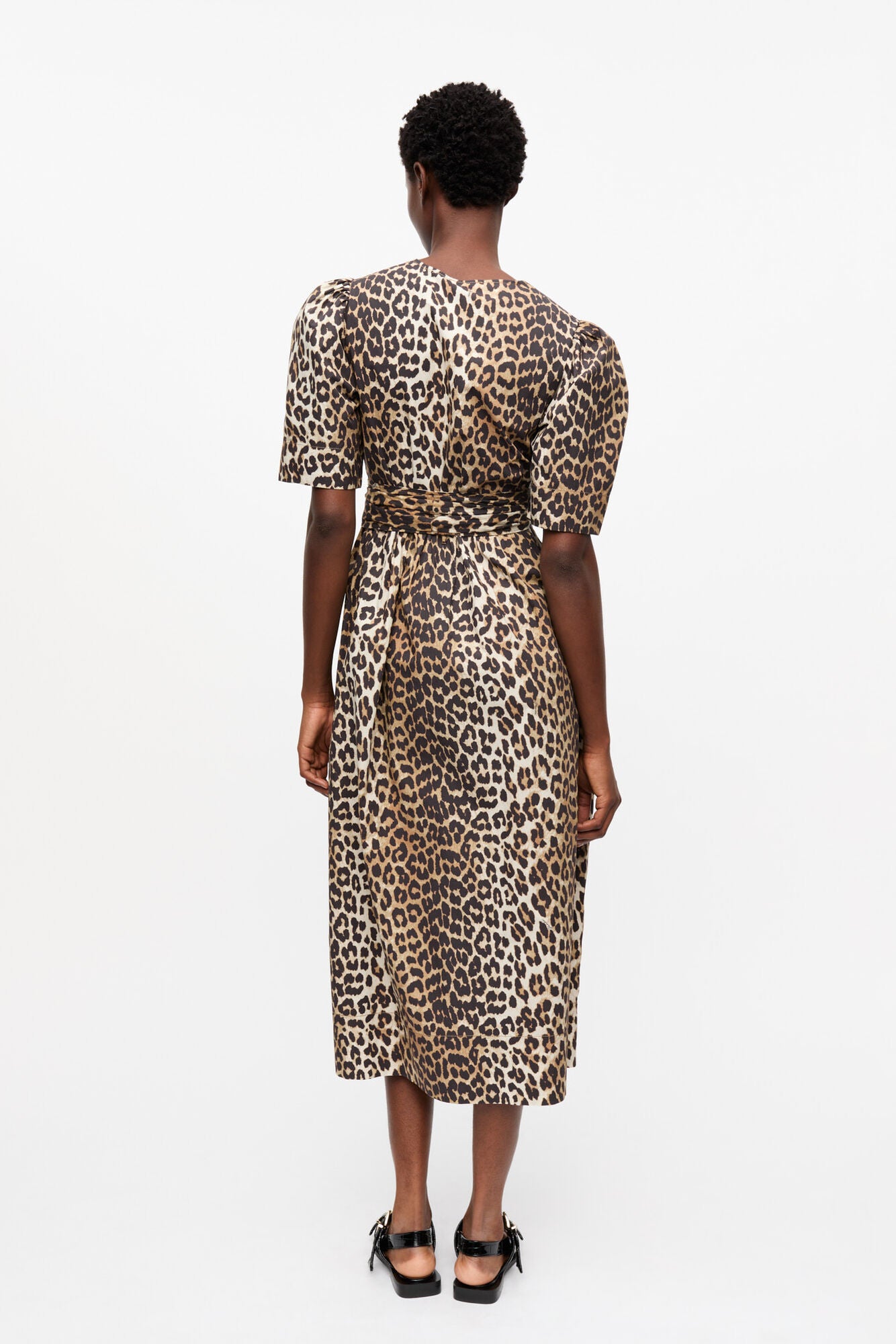 Ganni printed cotton tie strap midi dress leopard print organic cotton PIPE AND ROW