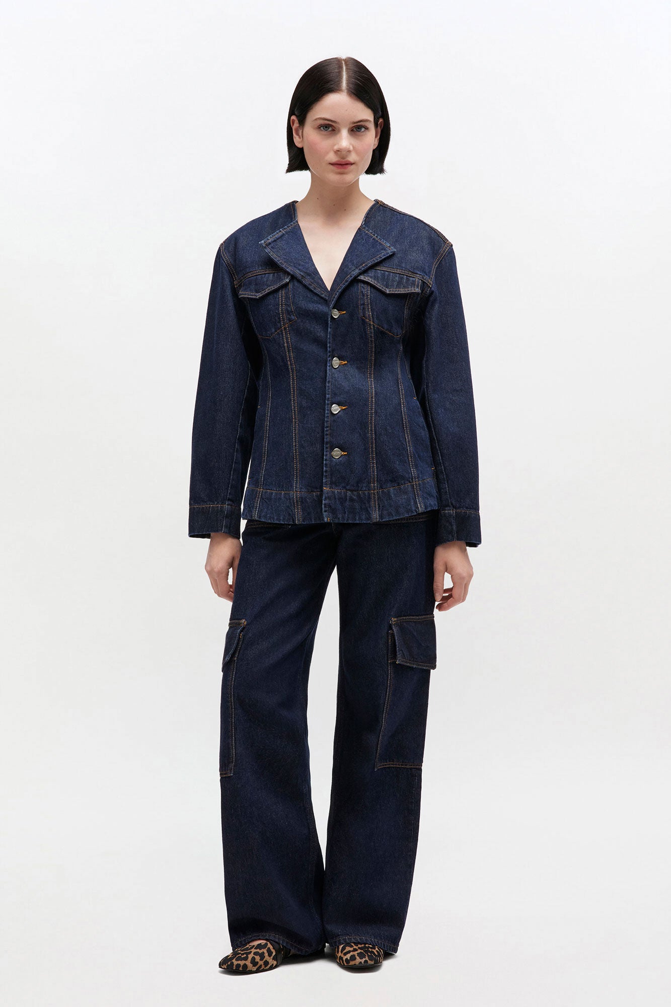 Ganni v-neck rinse denim blazer contrast stitching organic cotton A1020037 PIPE AND ROW