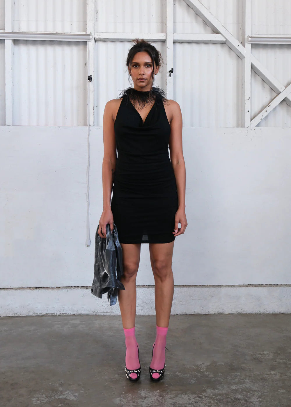 Geel Nori cowl neck draped fitted mini dress black G70052 PIPE AND ROW Seattle