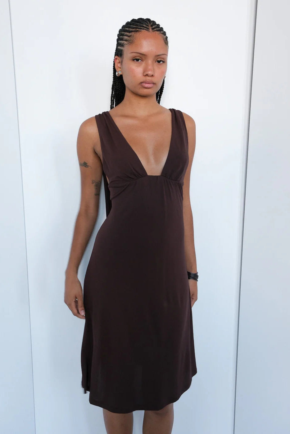 Geel Sabrina low cut knee length dress open back americano brown PIPE AND ROW