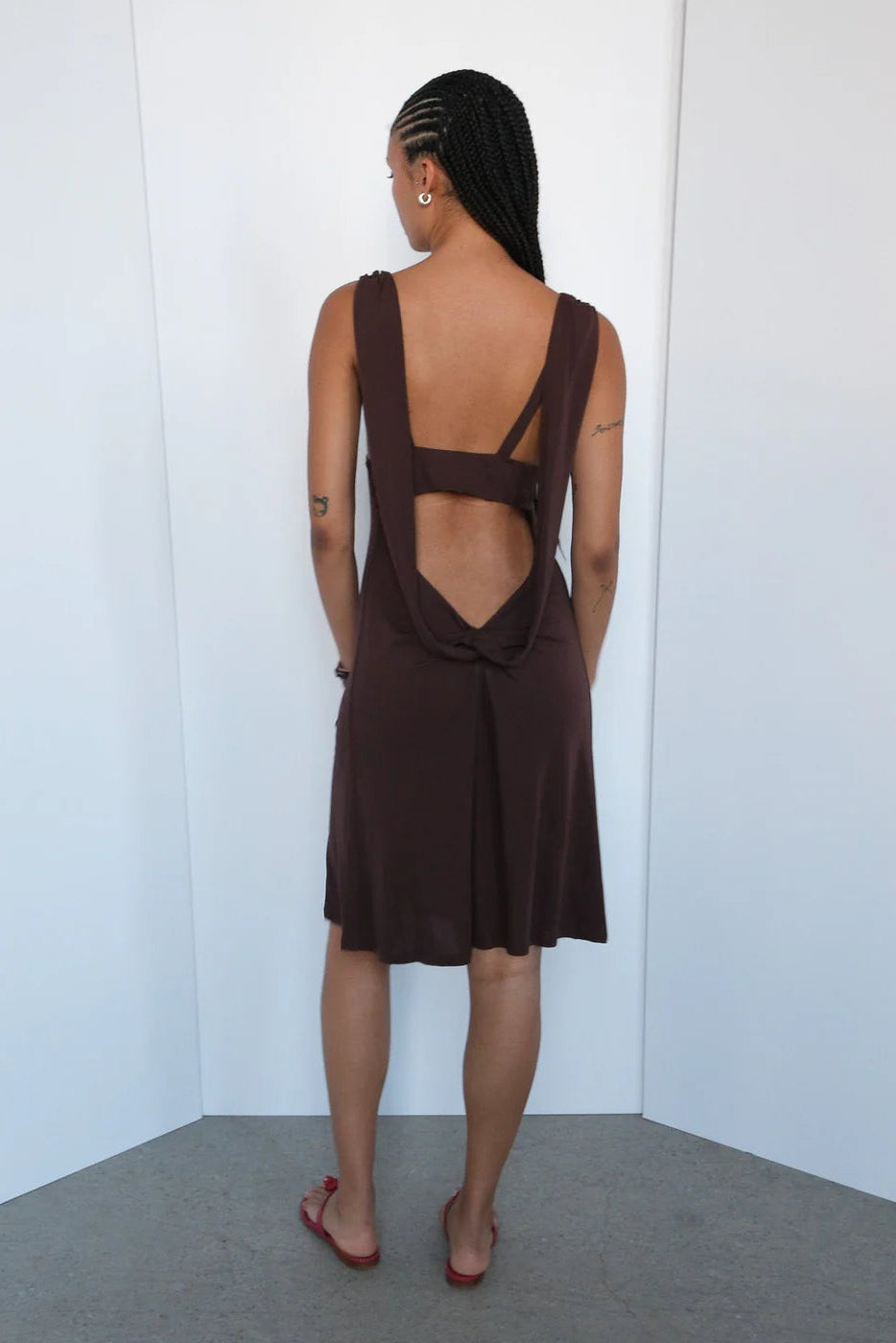 Geel Sabrina low cut knee length dress open back americano brown PIPE AND ROW Geel Sabrina low cut knee length dress open back americano brown PIPE AND ROW
