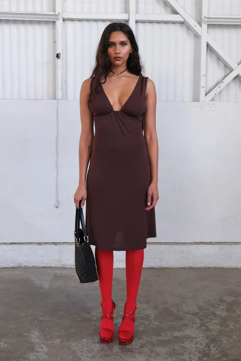 Geel Sabrina low cut knee length dress open back waterfall americano brown PIPE AND ROW