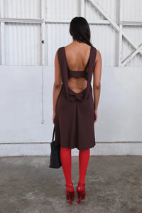 Geel Sabrina low cut knee length dress open back waterfall americano brown PIPE AND ROW