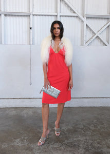 Geel Sabrina low cut knee length dresswaterfall open back punch red PIPE AND ROW Seattle