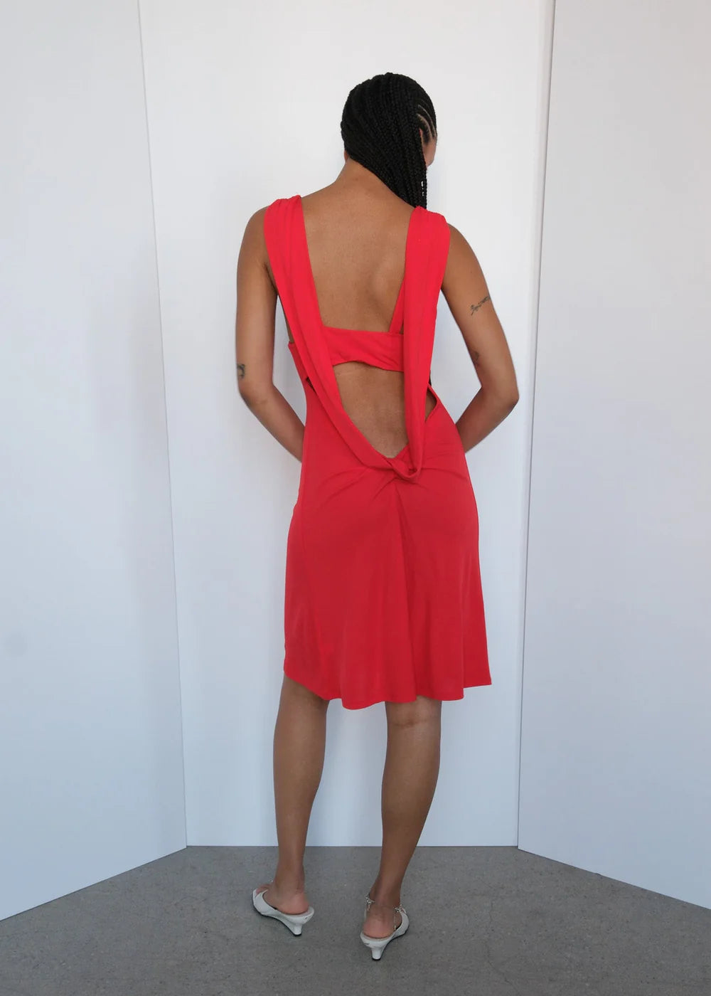 Geel Sabrina low cut knee length dresswaterfall open back punch red PIPE AND ROW Geel Sabrina low cut knee length dresswaterfall open back punch red PIPE AND ROW
