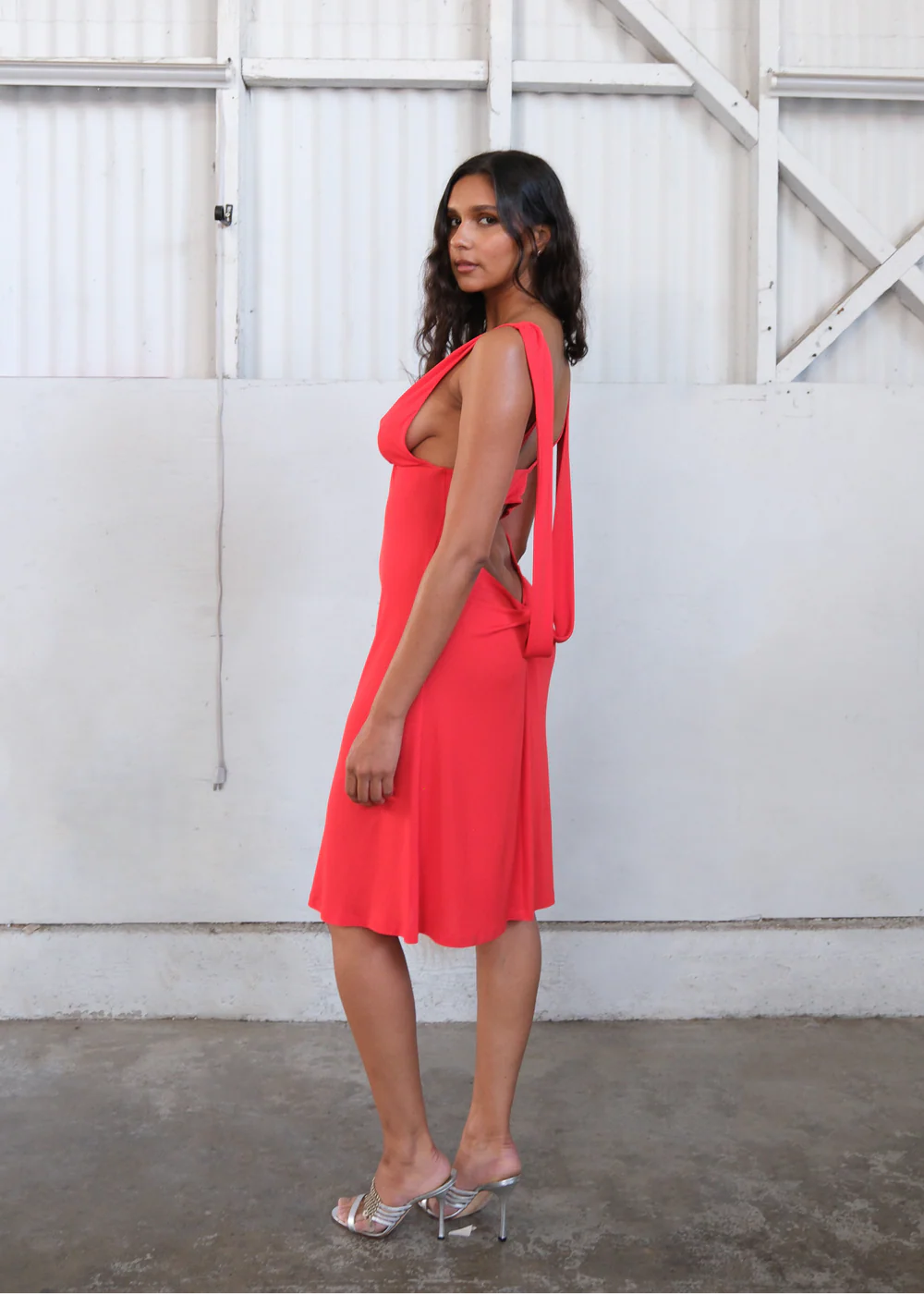 Geel Sabrina low cut knee length dresswaterfall open back punch red PIPE AND ROW Seattle