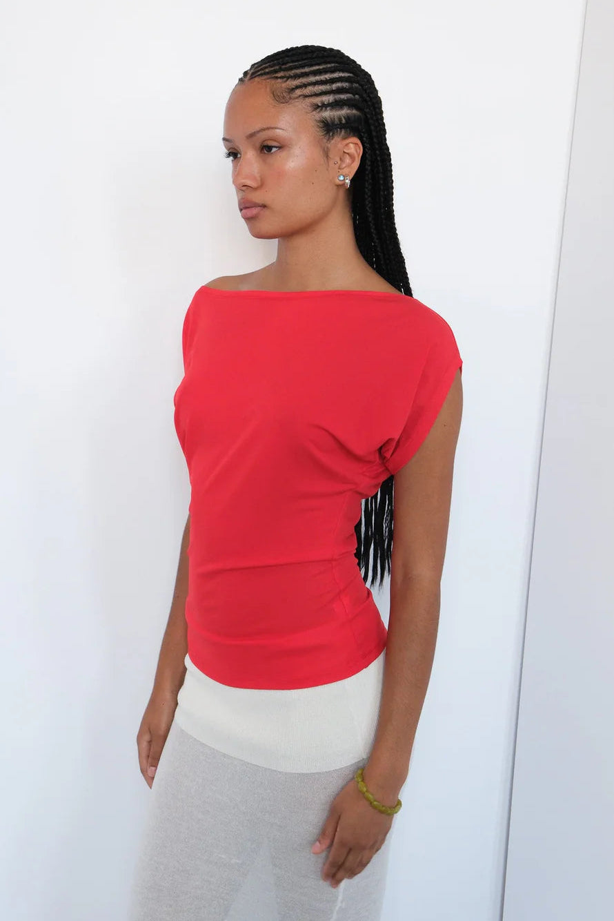 Geel boat neck Fletcher top relaxed dolman sleeve top punch red PIPE AND ROW