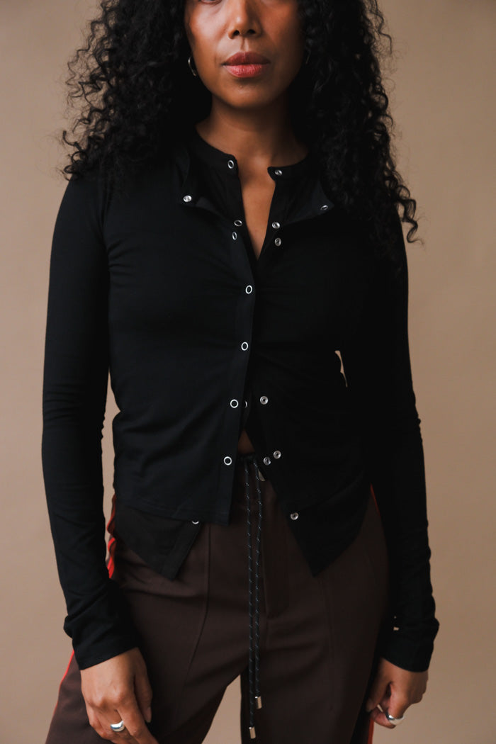 Geel double snap cardigan fitted stretchy black Pipe and Row