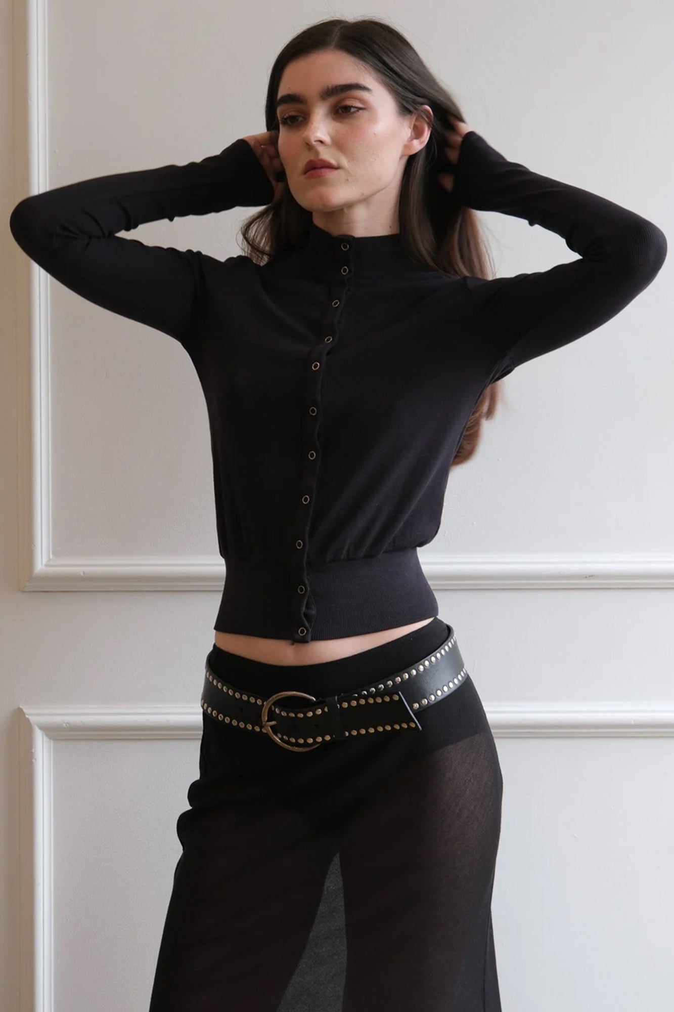 Geel long sleeve ribbed Martin Cardigan black snap button | Pipe and Row