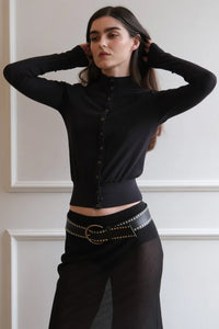 Geel long sleeve ribbed Martin Cardigan black snap button | Pipe and Row