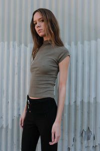 Geel olive green Gem tee fitted cap tee mock neck | Pipe and Row