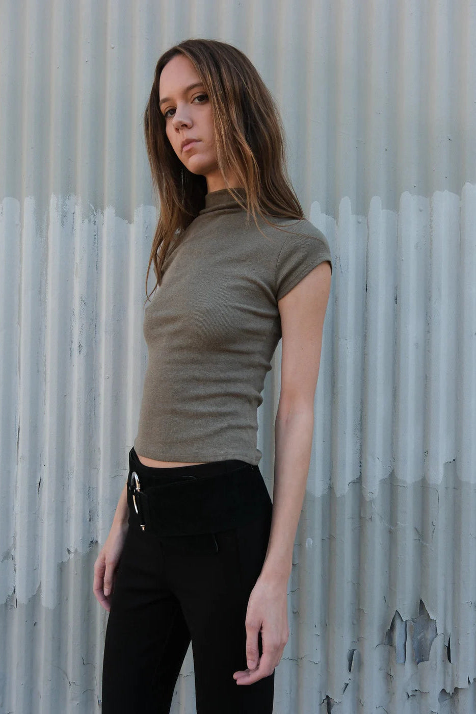 Geel olive green Gem tee fitted cap tee mock neck | Pipe and Row