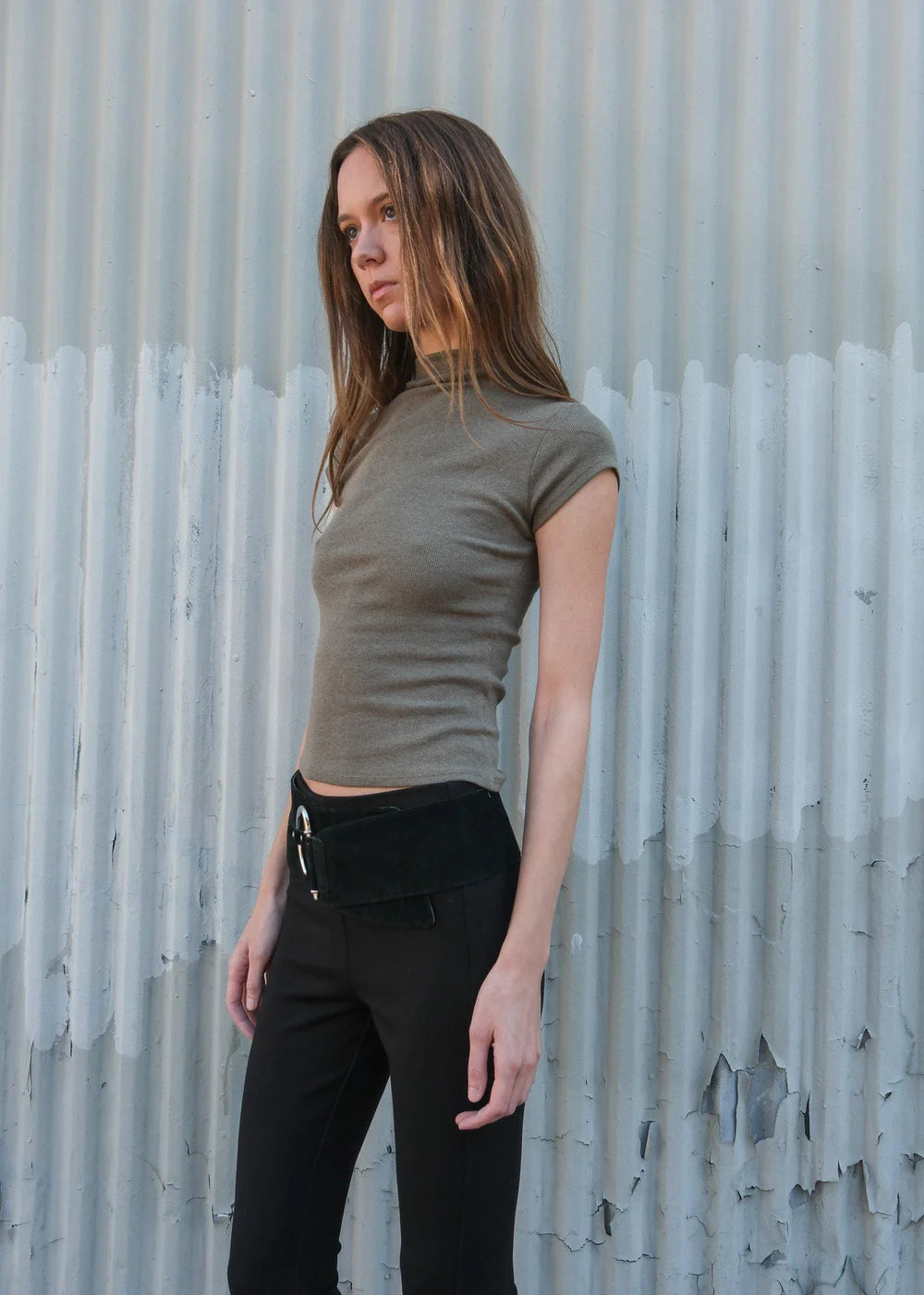 Geel olive green Gem tee fitted cap tee mock neck | Pipe and Row