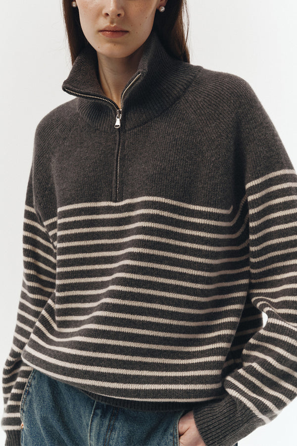 Dunst half zip stripe knit sweater charcoal grey cream stripes