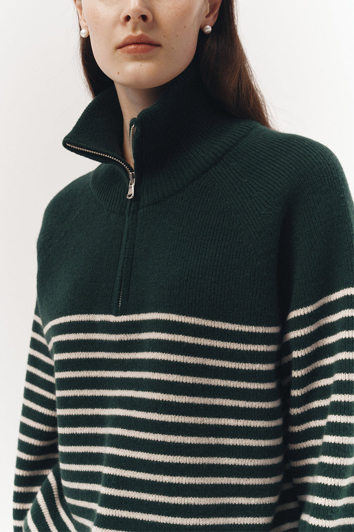 Dunst half zip stripe knit sweater forest green cream stripes | Pipe ... Dunst half zip stripe knit sweater forest green cream stripes | Pipe ...