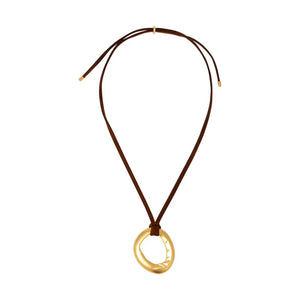 Heaven Mayhem mini necklace gold circular pendant rich brown cord | Pipe and Row