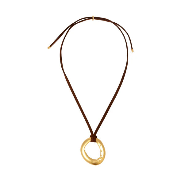 Heaven Mayhem mini necklace gold circular pendant rich brown cord | Pipe and Row