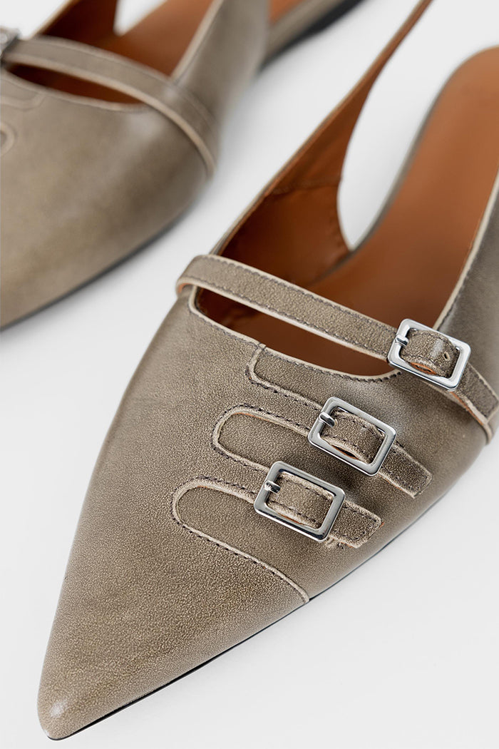 Vagabond pointed toe Hermine slingback flats brown tan greige brushed buckles | PIpe and ROW