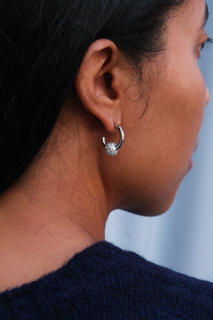 Justine Clenquet Sam hoops earrings rhinestone encrusted silver ball bead | Pipe and Row