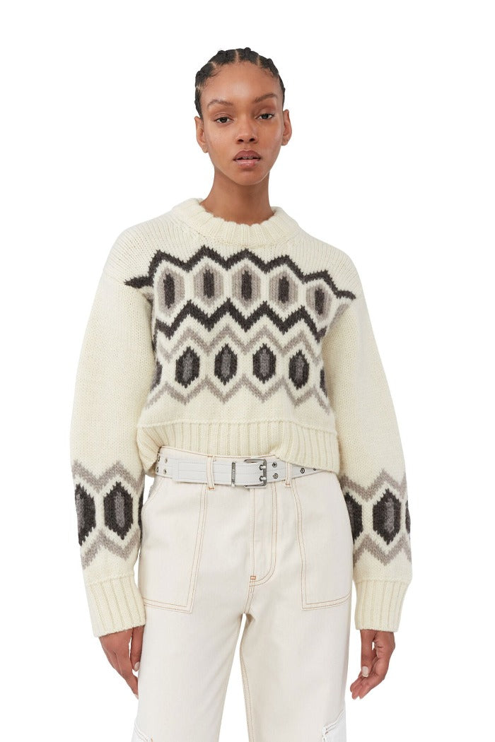 Ganni chunky graphic wool cropped o neck sweater egret geometric pattern | Pipe and Row
