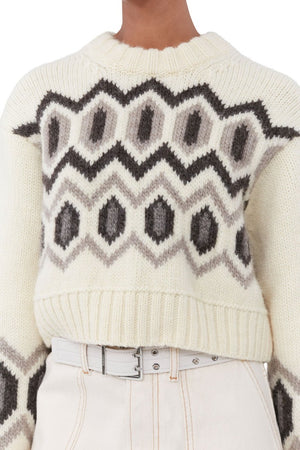 Ganni chunky graphic wool cropped o neck sweater egret geometric pattern | Pipe and Row