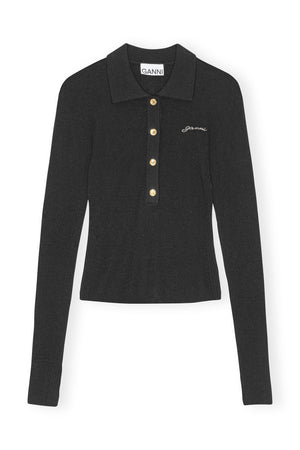 Ganni fitted mini ribbed merino wool polo sweater black | Pipe and Row
