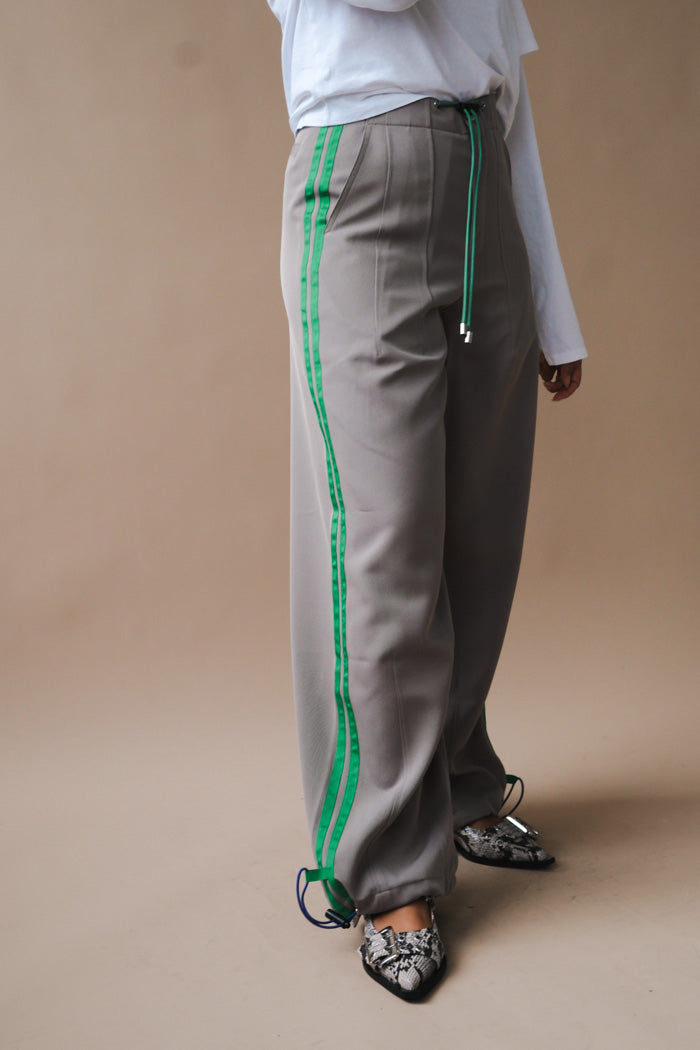 KkCo Sport wide leg trousers ash grey grosgrain green racer stripes | Pipe and Row