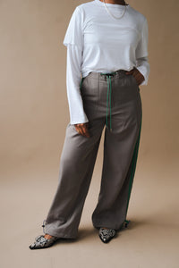 KkCo Sport wide leg trousers pant ash grey grosgrain green racer stripes | Pipe and Row