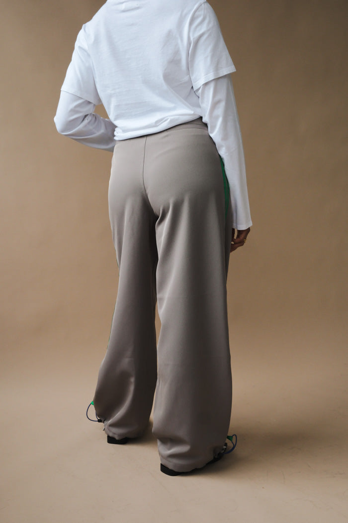 KkCo Sport wide leg trousers parachute  pant ash grey grosgrain green racer stripes | Pipe and Row Seattle
