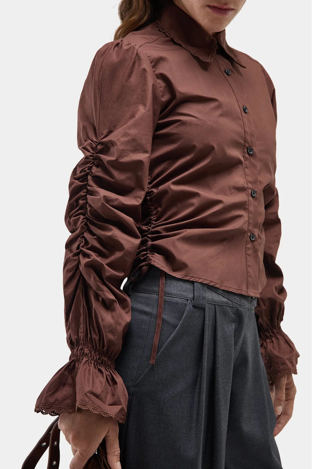 Laagam Sultana brown ruched button up shirt | Pipe and Row Seattle shopping