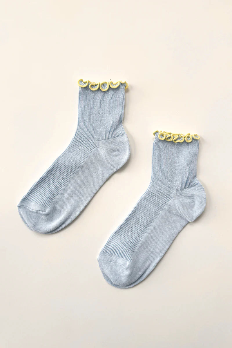 Le Bon Shoppe baby rib, petite ruffled modal socks baby blue yellow lettuce-edge | Pipe and Row