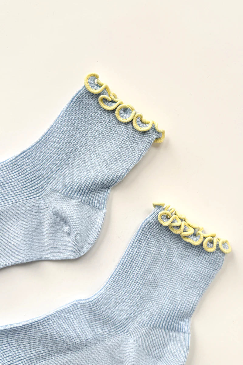 Le Bon Shoppe baby rib, petite ruffled modal socks baby blue yellow lettuce-edge | Pipe and Row