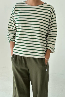 Le Bon Shoppe nautical long sleeve Sailor Top green pine stripe | Pipe and Row