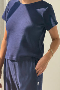 Le Bon Shoppe pointelle babe short sleeve crewneck tee navy blue | Pipe and Row