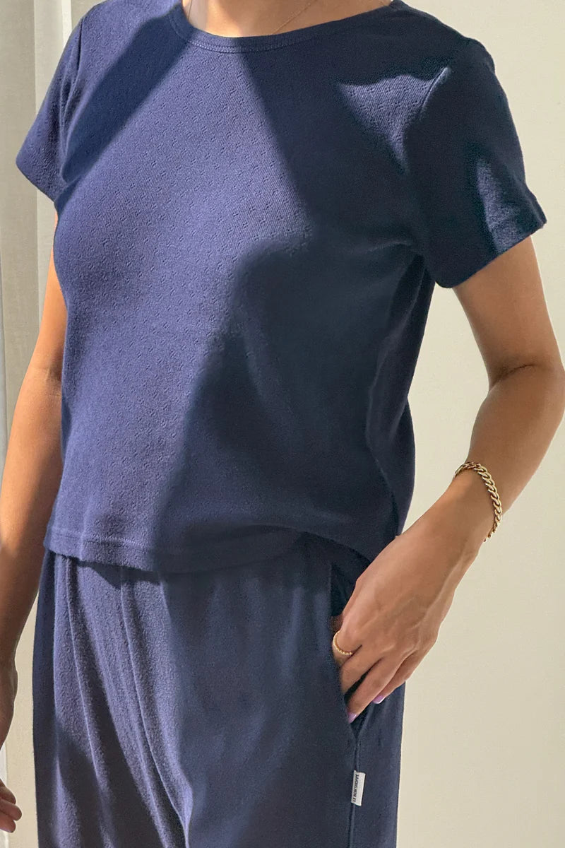 Le Bon Shoppe pointelle babe short sleeve crewneck tee navy blue | Pipe and Row