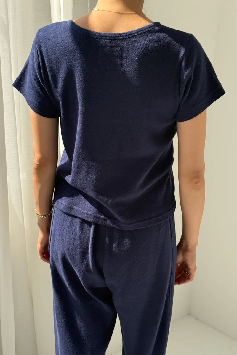 Le Bon Shoppe pointelle babe short sleeve crewneck tee navy blue | Pipe and Row