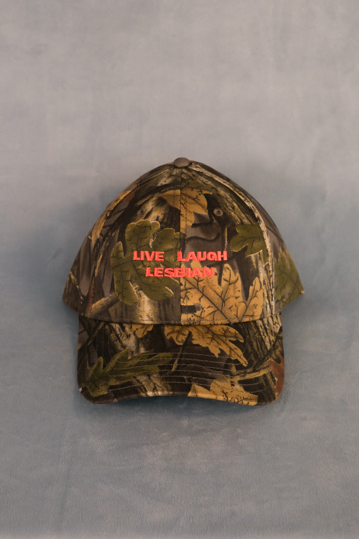 Live Laugh Lesbian camo Intentionally Blank dad hat orange writing | pipe and row boutique seattle