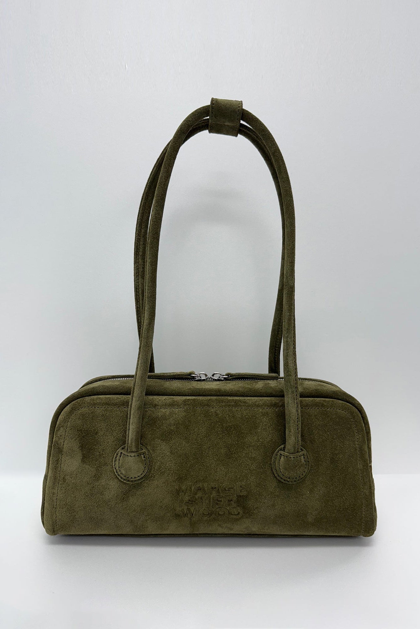 MARGESHERWOOD Soft Baguette handbag dark olive green suede | Pipe and Row
