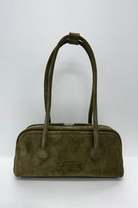 MARGESHERWOOD Soft Baguette handbag dark olive green suede | Pipe and Row