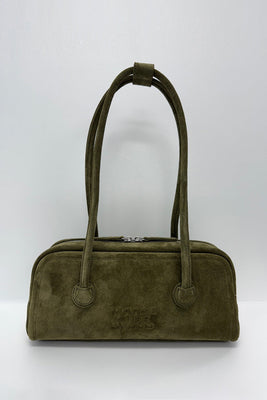 MARGESHERWOOD Soft Baguette handbag dark olive green suede | Pipe and Row