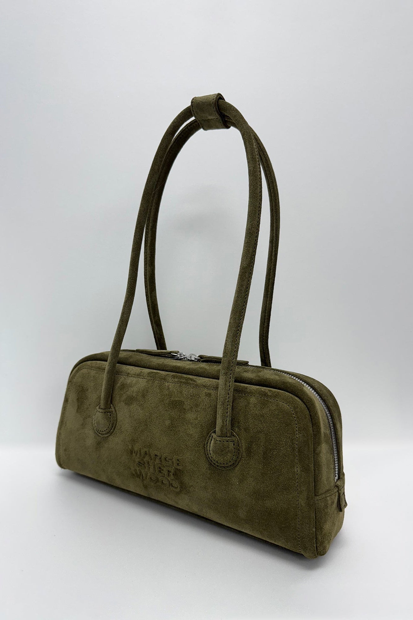 MARGESHERWOOD Soft Baguette handbag dark olive green suede | Pipe and Row