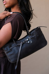 Margesherwood baguette shaped Grandma used shoulder bag black pull-up leather PIPE AND ROW
