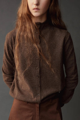 Mijeong Park button up mock neck cardigan sweater dark beige | Pipe and Row