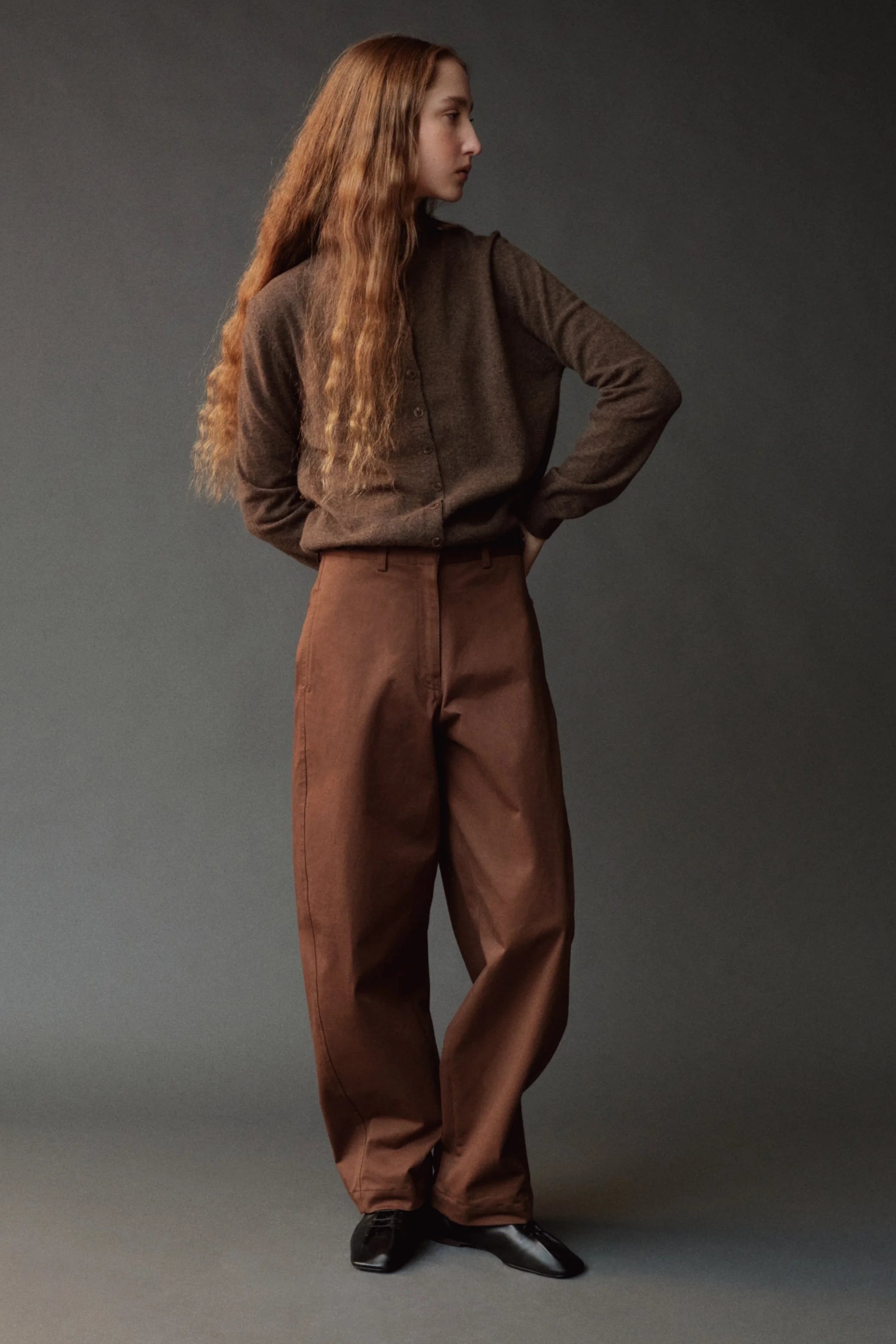 Mijeong Park button up mock neck cardigan sweater dark beige | Pipe and Row Seattle