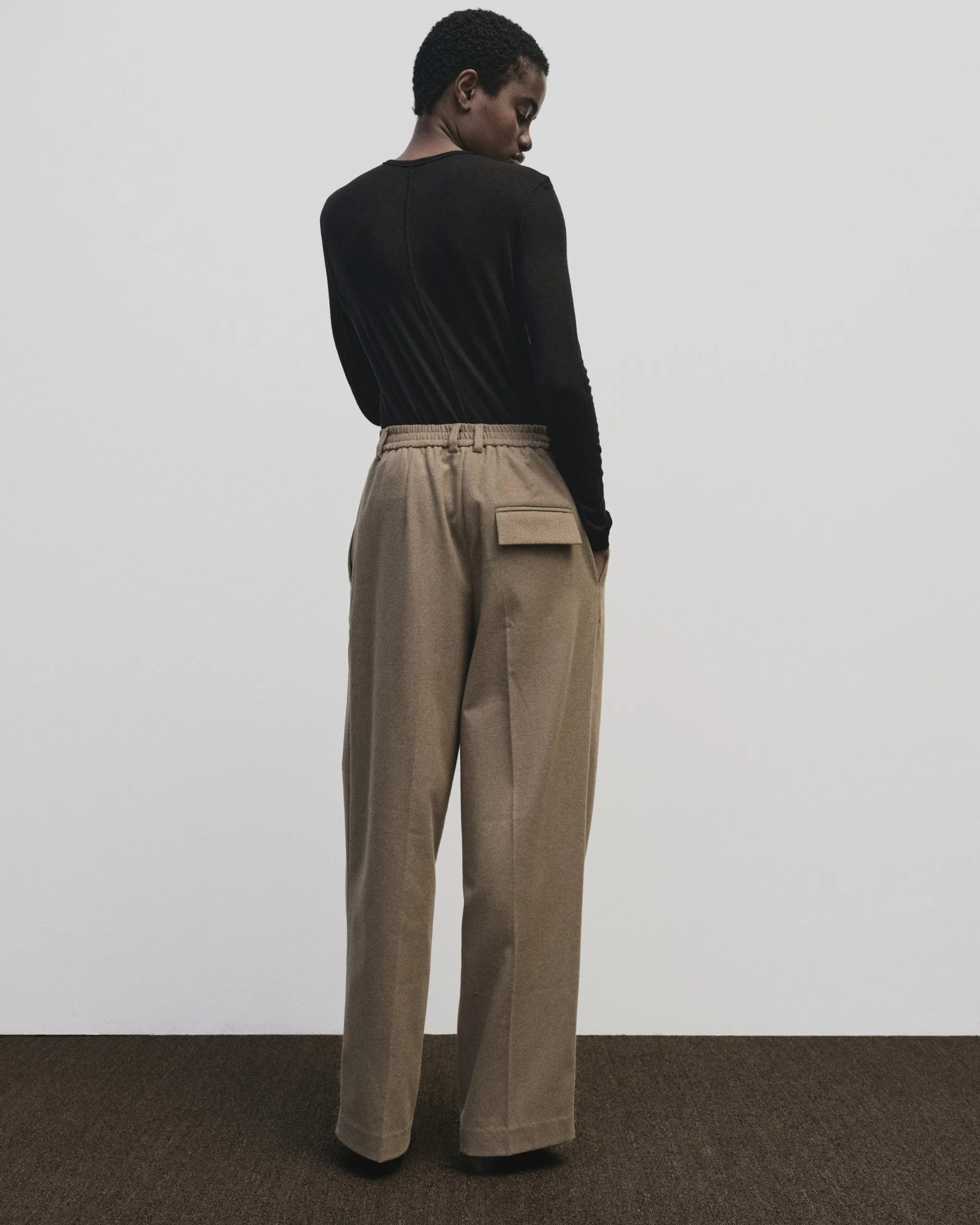 Mijeong Park mid rise wool blend elastic back wide leg trousers camel | Pipe and Row Seattle Boutique