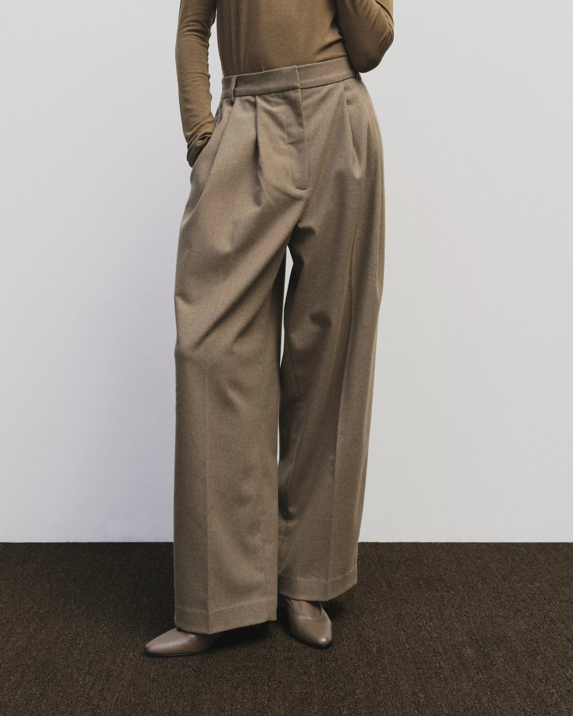 Mijeong Park mid rise wool blend elastic back wide leg trousers pants tan camel | Pipe and Row Seattle Boutique
