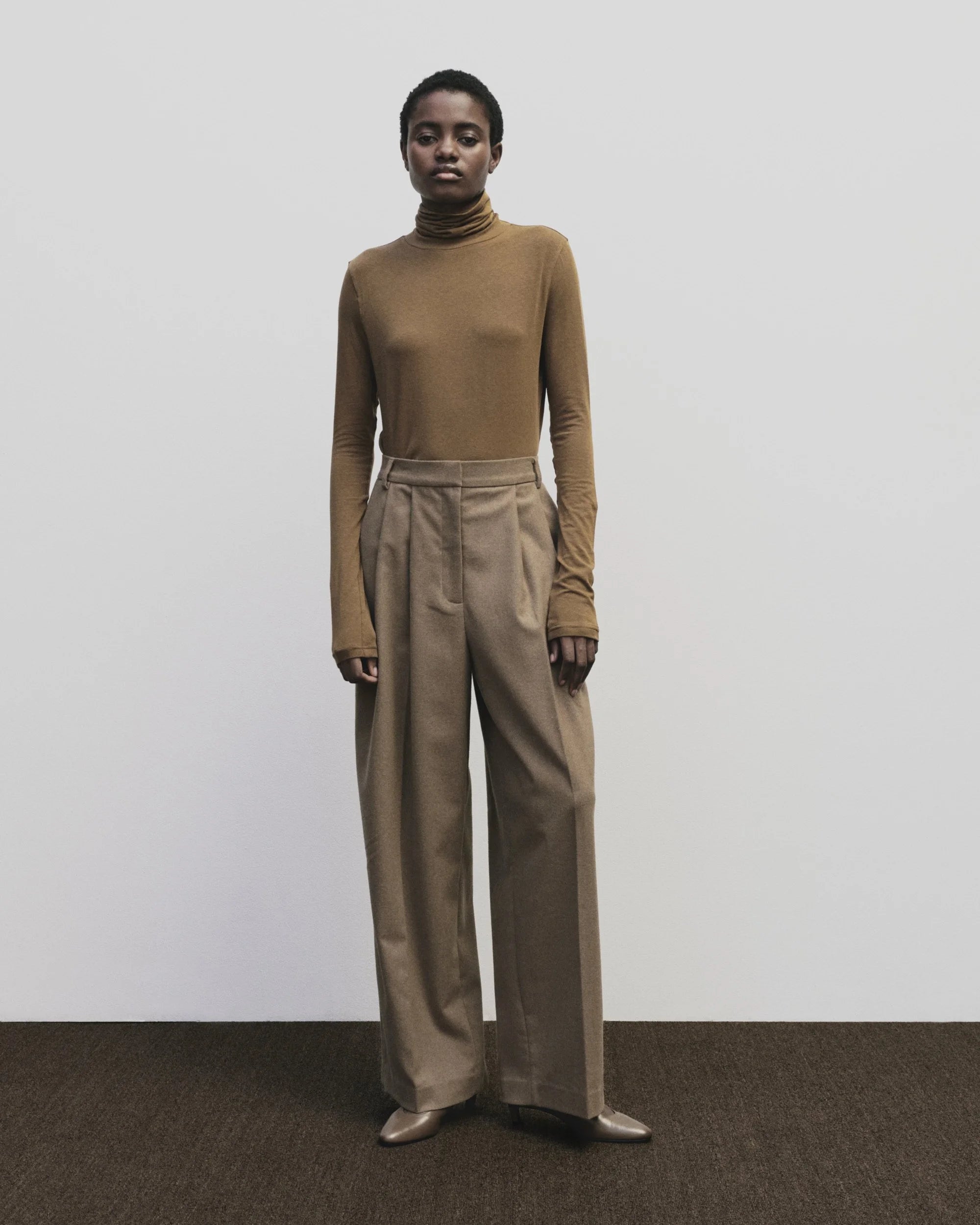 Mijeong Park mid rise wool blend elastic back wide leg trousers pants camel | Pipe and Row Seattle Boutique