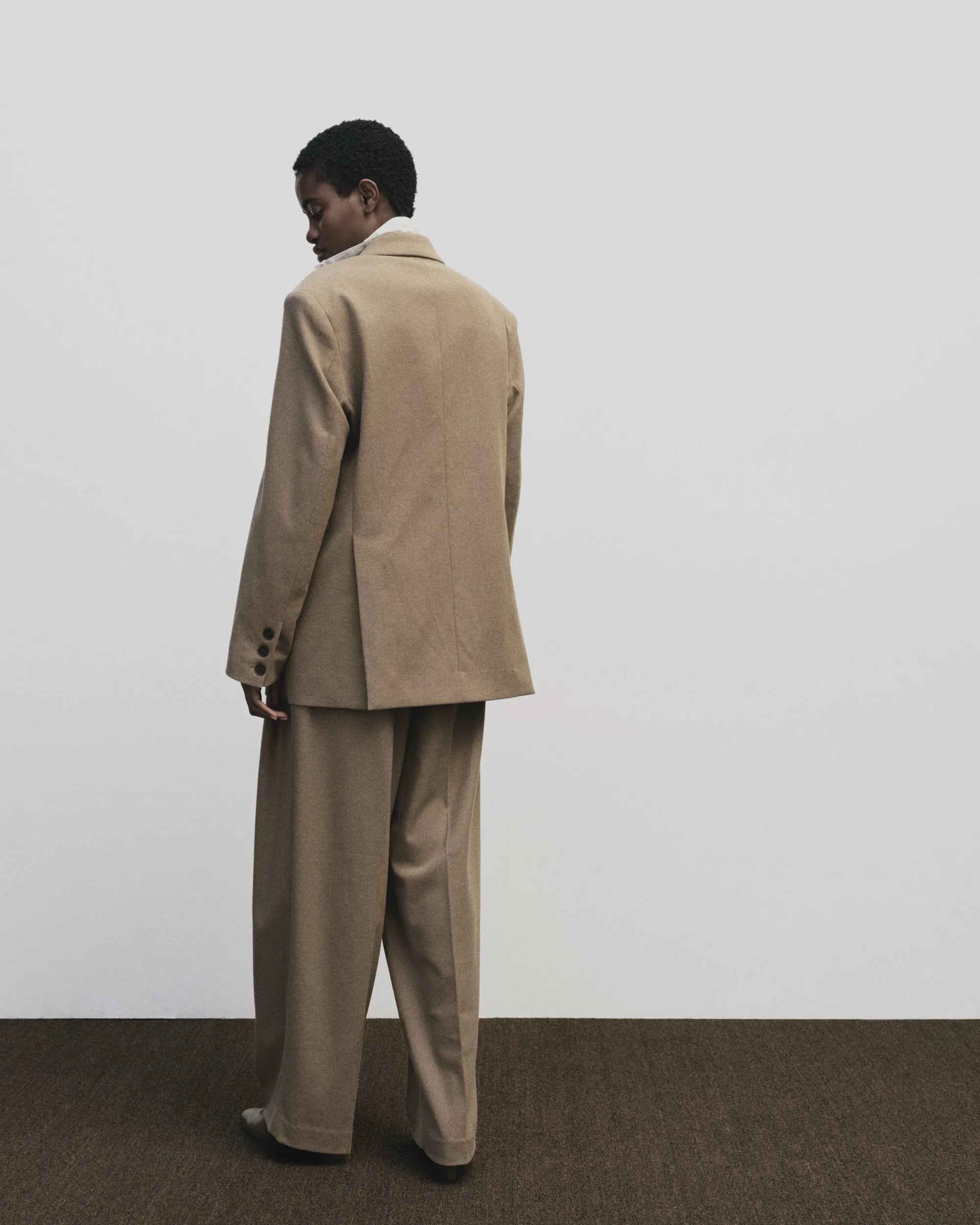 Mijeong Park mid rise wool blend elastic back wide leg trousers pants tan camel suit | Pipe and Row Seattle Boutique